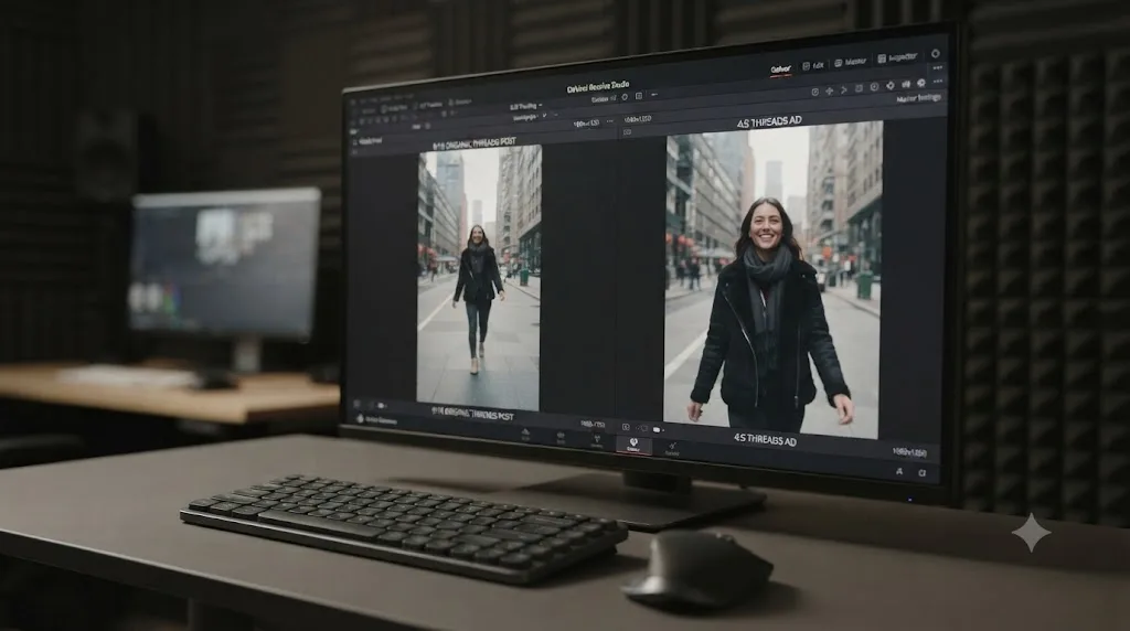 Illustration comparing a 9:16 organic Threads video export to a 4:5 Threads video ad crop of the same footage