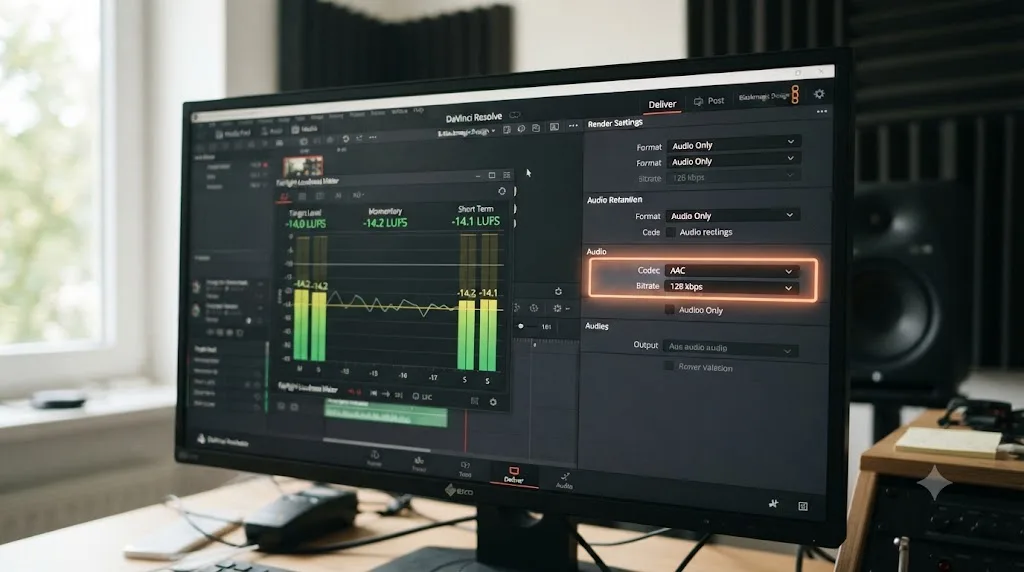 Illustration of the DaVinci Resolve audio export tab set to AAC 128 kbps with a loudness meter reading