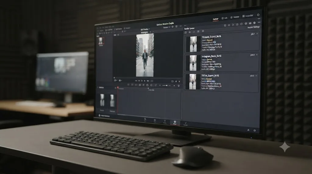 Illustration of the DaVinci Resolve Render Queue with several vertical platform export jobs queued from the same timeline