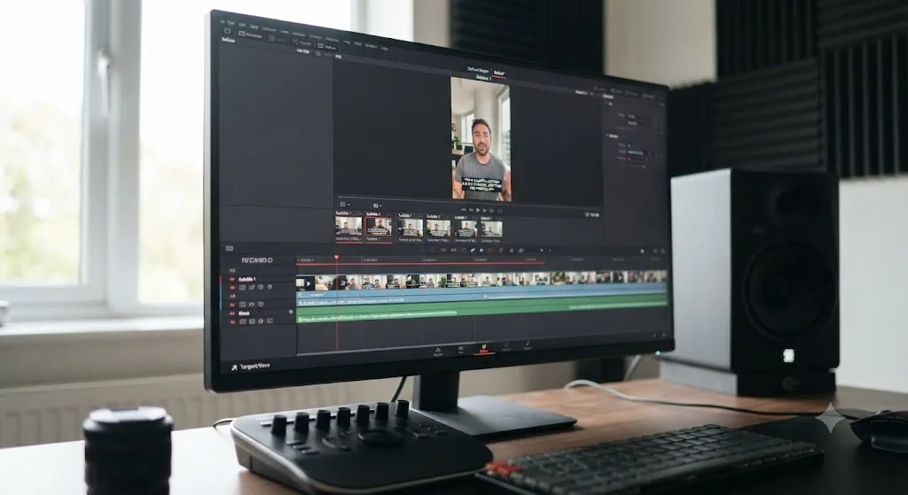 Illustration of a subtitle track being burned into a vertical DaVinci Resolve timeline for a Threads video export