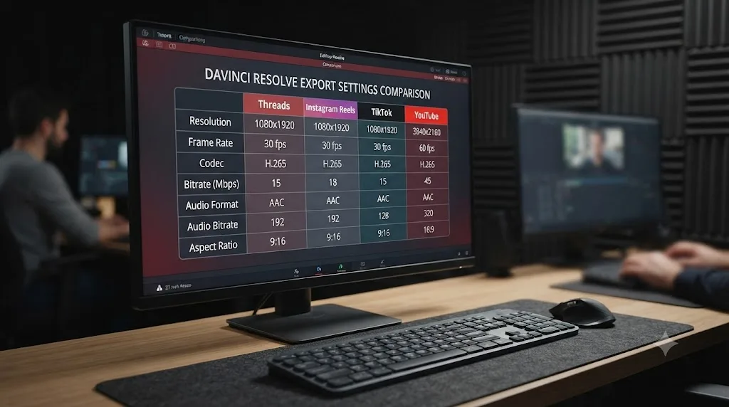 Illustration of a comparison chart showing DaVinci Resolve export settings across Threads, Instagram Reels, TikTok, and YouTube