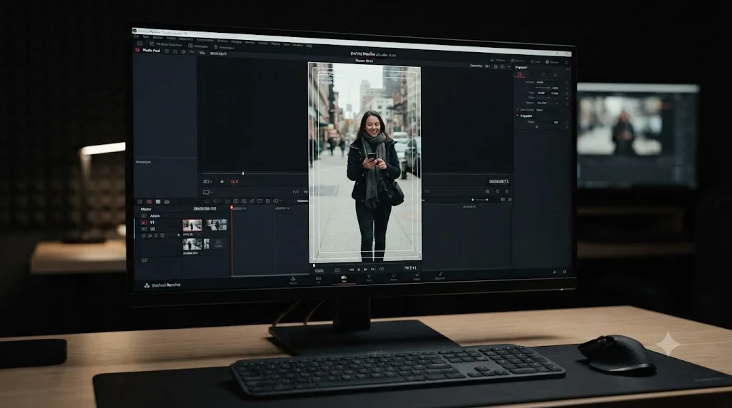 Illustration of DaVinci Resolve's Safe Area overlay guides shown on a vertical 9:16 frame for a Threads export