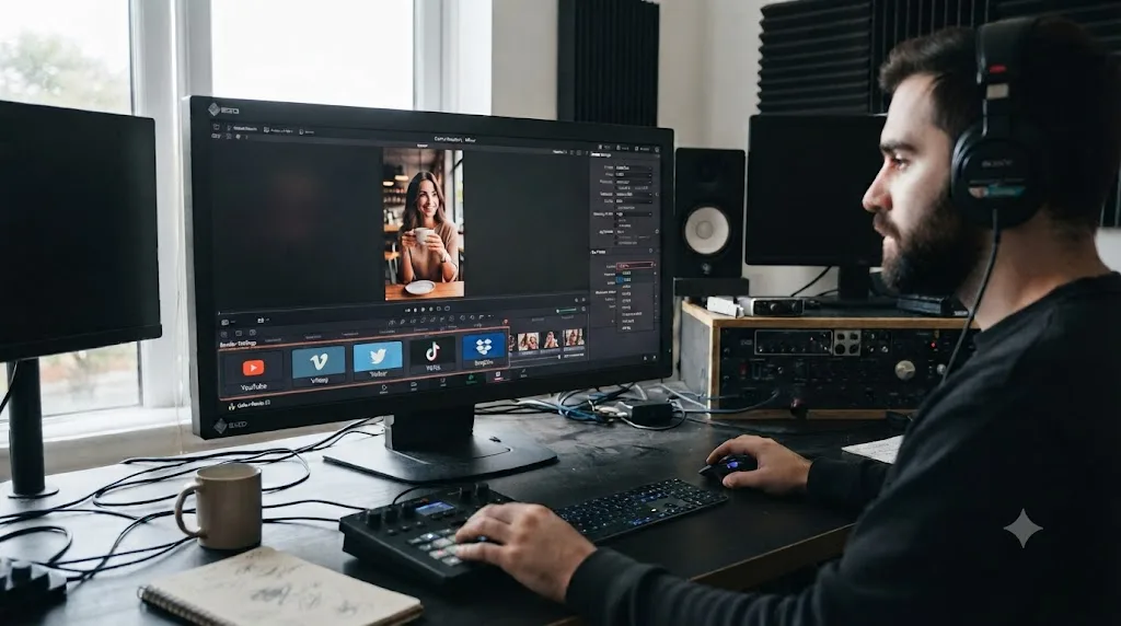 Illustration of a horizontal shot being reframed into a vertical timeline using DaVinci Resolve's Transform controls