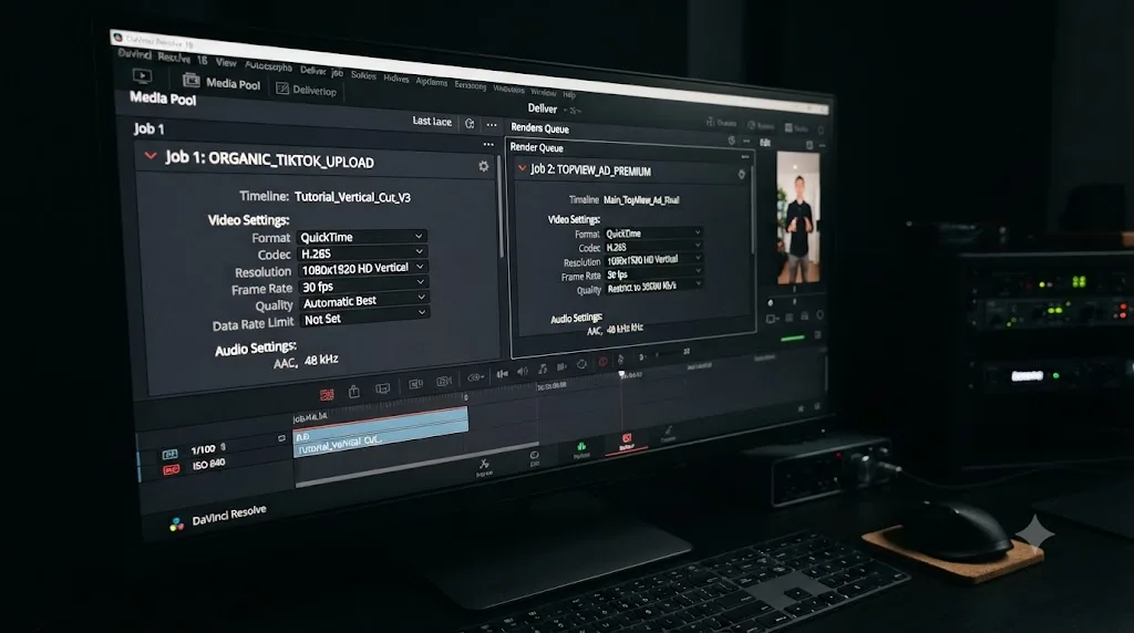 Illustration of two DaVinci Resolve render jobs configured for organic TikTok and TopView ad exports