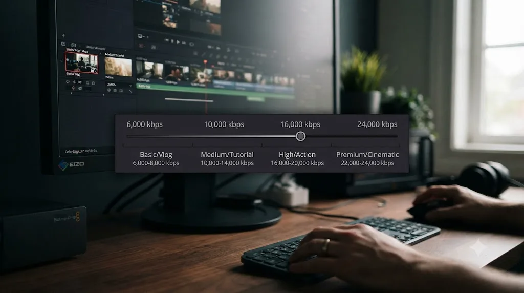 Illustration of a bitrate range slider from 6,000 to 24,000 kbps labeled by content type for TikTok