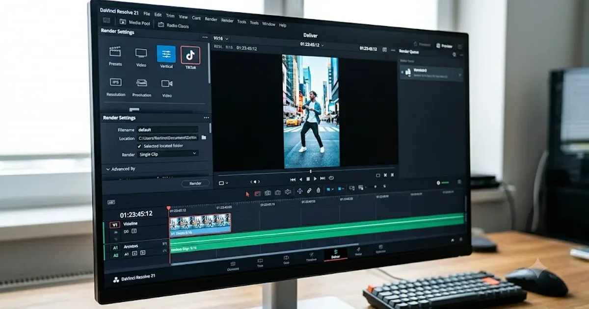 Illustration of the DaVinci Resolve Deliver page set up for a vertical TikTok export