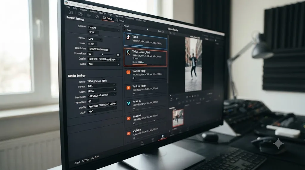 Illustration of a custom TikTok export preset saved in the DaVinci Resolve Deliver page preset strip