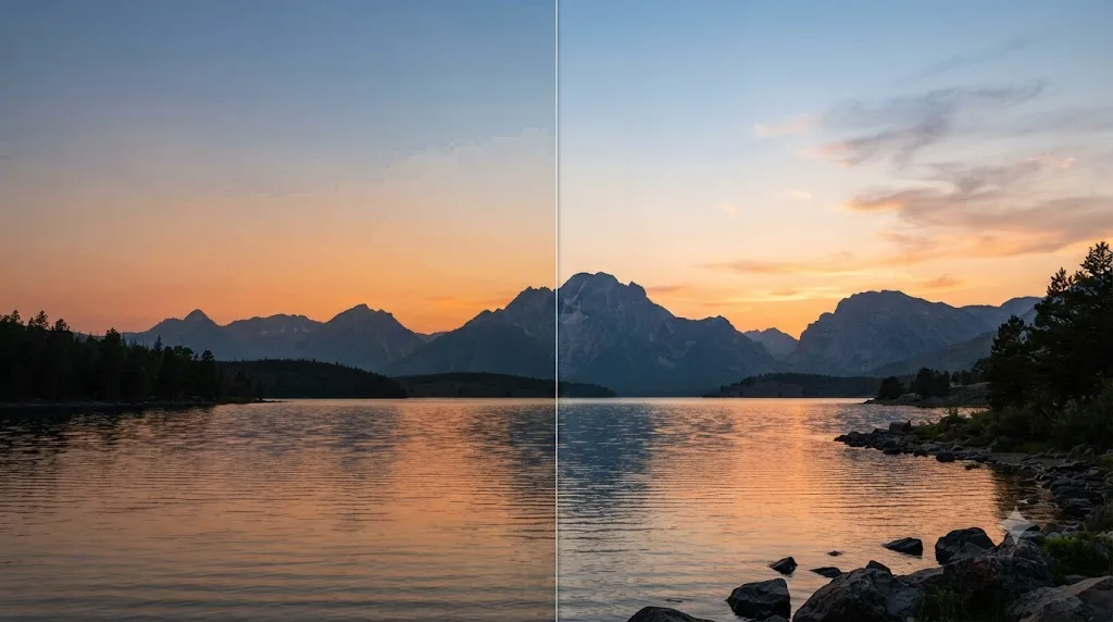 Illustration comparing a graded frame's sky gradient at low and high export bitrate showing banding differences