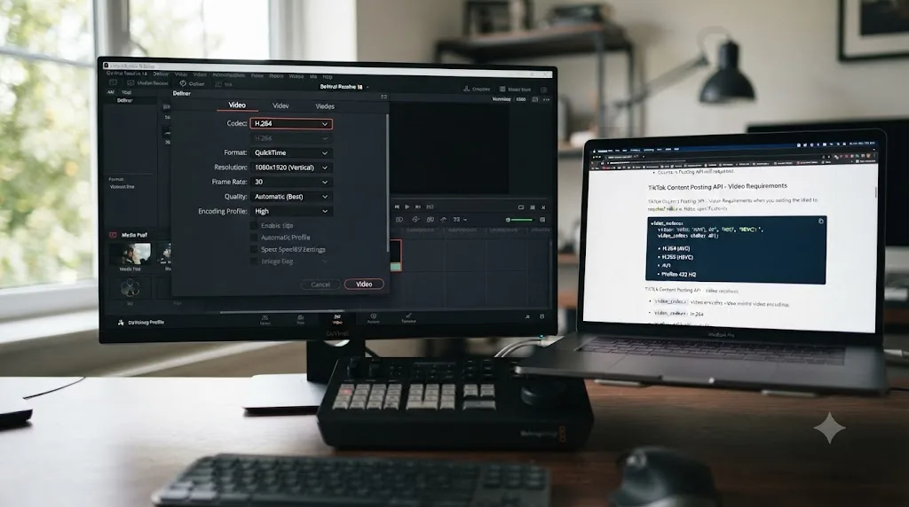 Illustration of the DaVinci Resolve Deliver page codec setting compared against TikTok's Content Posting API codec options