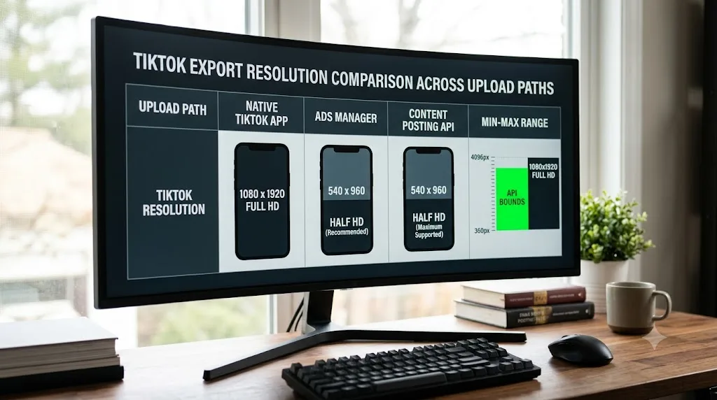 Illustration comparing TikTok export resolutions across the app, Ads Manager, and the Content Posting API