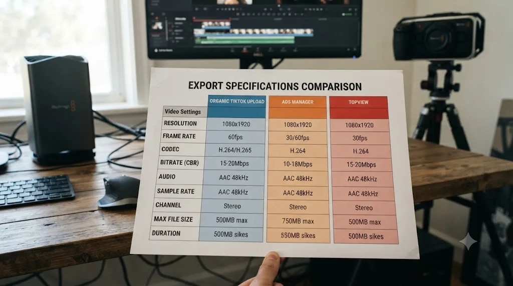 Illustration of a settings sheet comparing organic TikTok, Ads Manager, and TopView export specifications