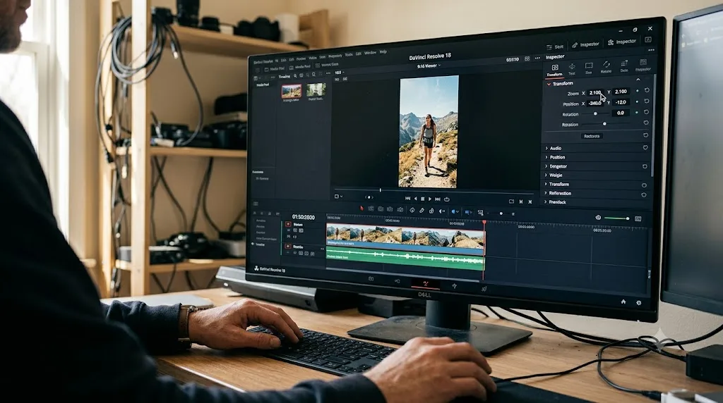 Illustration of a horizontal shot being reframed into a vertical timeline using DaVinci Resolve's Transform controls