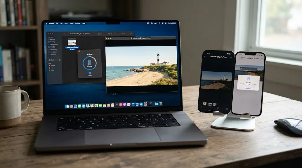Illustration of an exported DaVinci Resolve file being AirDropped to an iPhone for a side-by-side playback comparison