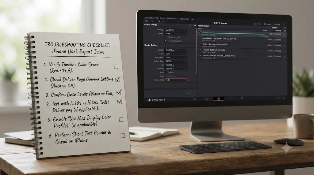 Illustration of a numbered troubleshooting checklist beside a DaVinci Resolve Deliver page render queue