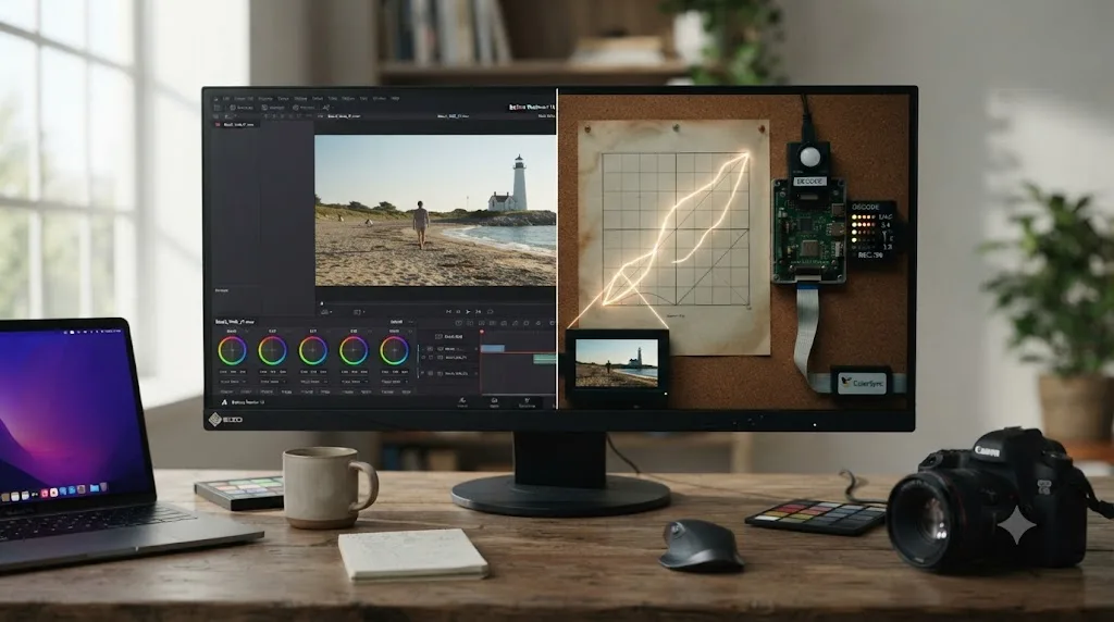 Illustration comparing a DaVinci Resolve viewer's brighter display against the same file's actual gamma curve on macOS