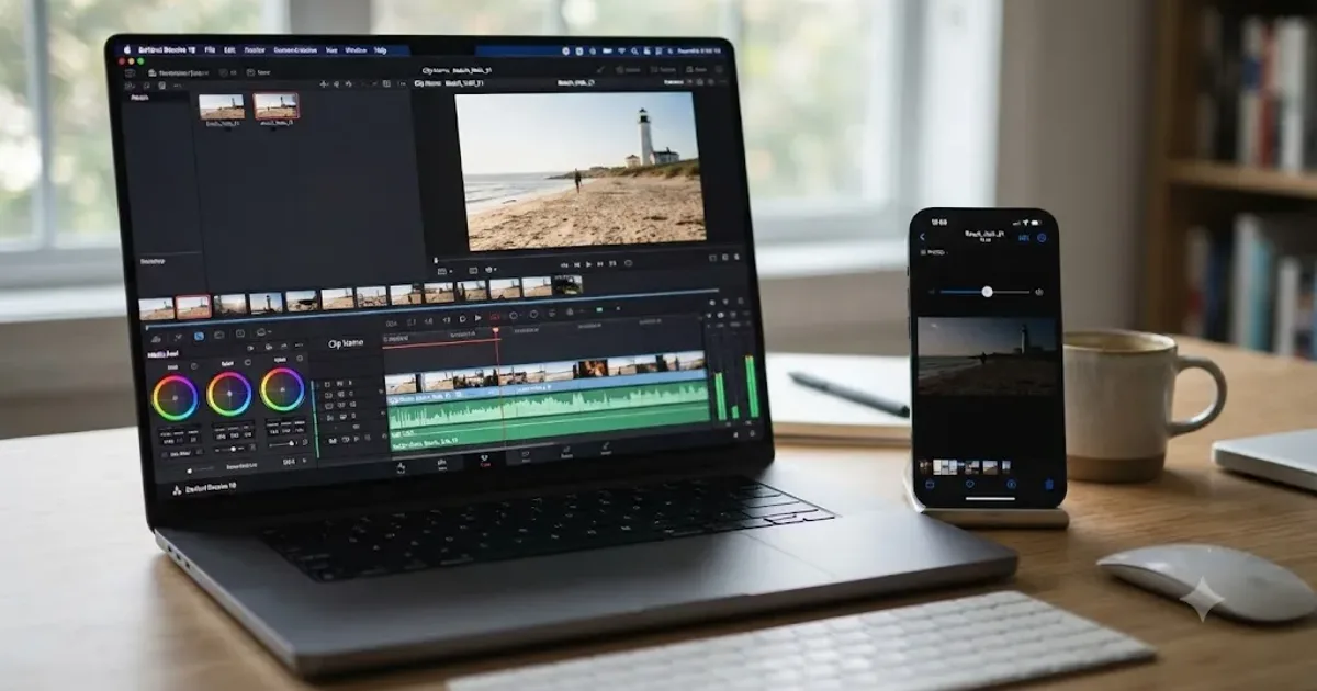Illustration of a DaVinci Resolve timeline next to an iPhone showing the same clip playing noticeably darker on the phone