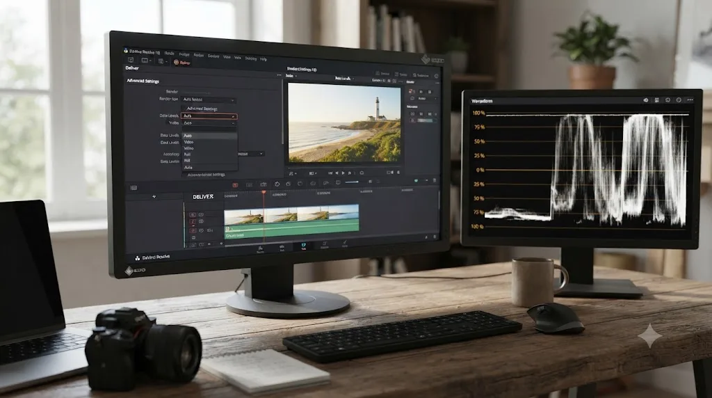 Illustration of the Data Levels dropdown set to Auto in DaVinci Resolve's Deliver page next to a correctly calibrated waveform scope
