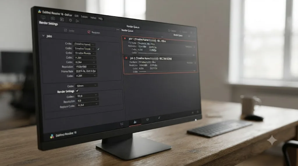 Illustration of a DaVinci Resolve Deliver page render queue with two separate export jobs tagged for Apple and general playback