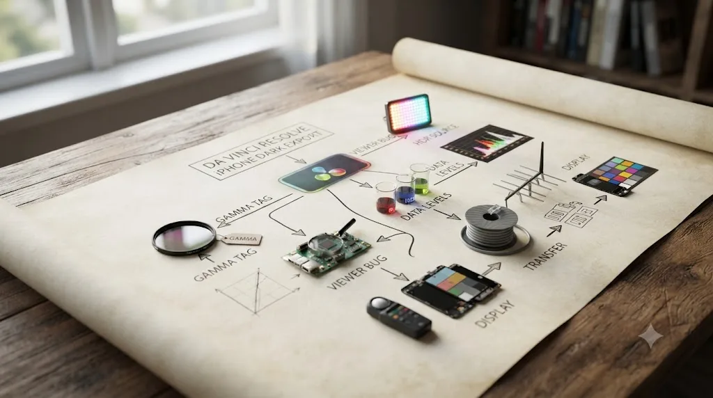 Illustration of a diagnostic flowchart splitting DaVinci Resolve iPhone dark export symptoms into six branching causes
