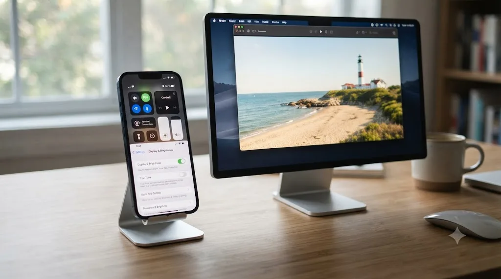Illustration of an iPhone Control Center with brightness maximized and True Tone disabled to rule out a display setting
