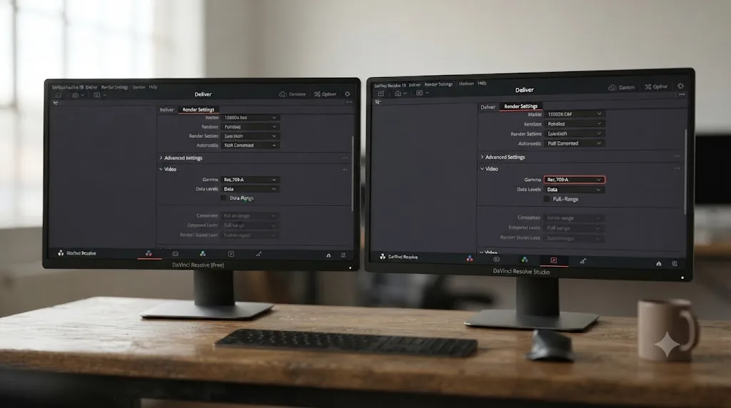 Illustration comparing the free and Studio versions of DaVinci Resolve showing identical export gamma settings