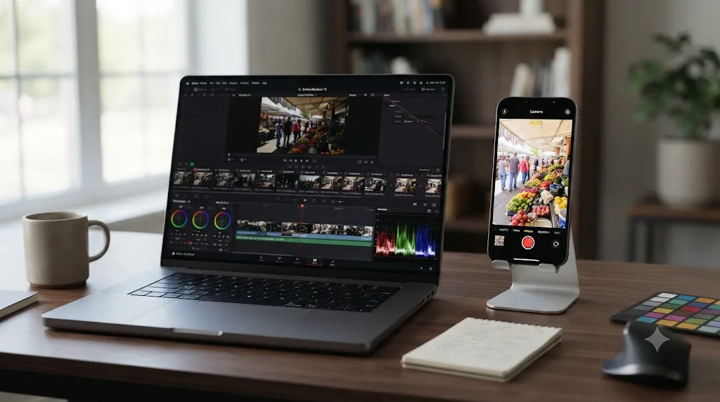 Illustration comparing iPhone Dolby Vision HDR footage against the same clip compressed dark on a DaVinci Resolve SDR timeline