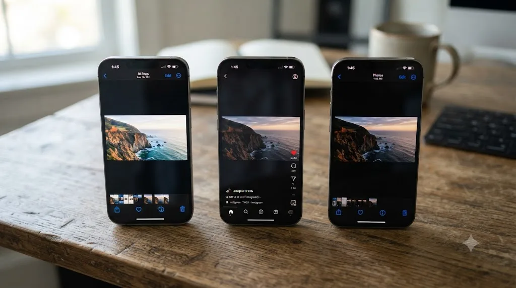 Illustration comparing a DaVinci Resolve export played directly, versus after upload to a social platform, on the same iPhone