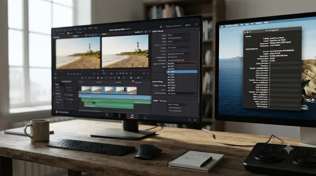 Illustration of the Rec.709-A dropdown on DaVinci Resolve's Deliver page next to a metadata panel showing correct color tags