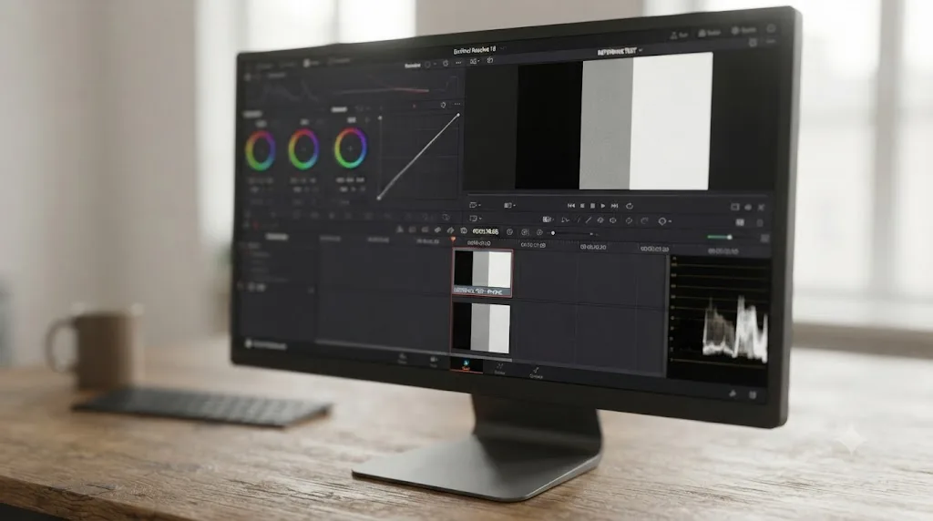 Illustration of a reference test clip with pure black, white, and gray card at the head of a DaVinci Resolve timeline
