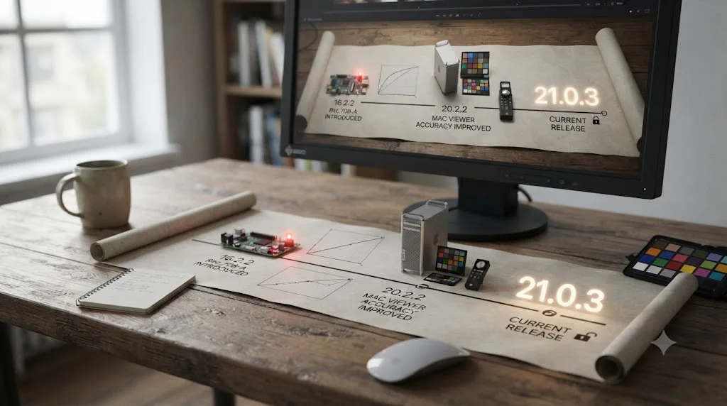 Illustration of a DaVinci Resolve version timeline showing the Rec.709-A gamma fix history from 16.2.2 through 21.0.3