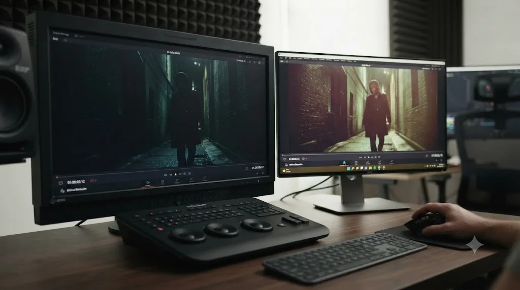 Illustration comparing a calibrated broadcast reference monitor against a consumer computer display showing the same frame with different color rendering