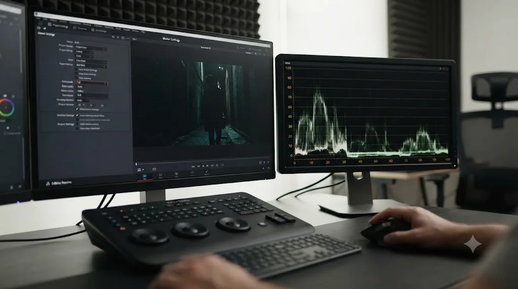 Illustration of a waveform scope showing crushed shadows next to a mismatched Data Levels setting in DaVinci Resolve