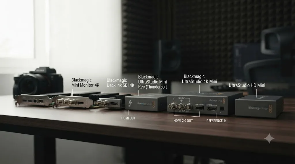 Illustration of a lineup of Blackmagic DeckLink and UltraStudio hardware models with SDI and HDMI output ports labeled