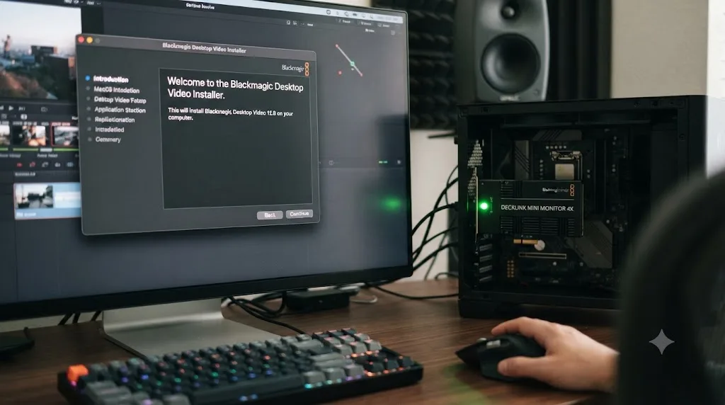 Illustration of a Blackmagic Desktop Video driver installer next to a DeckLink card icon showing a connected status