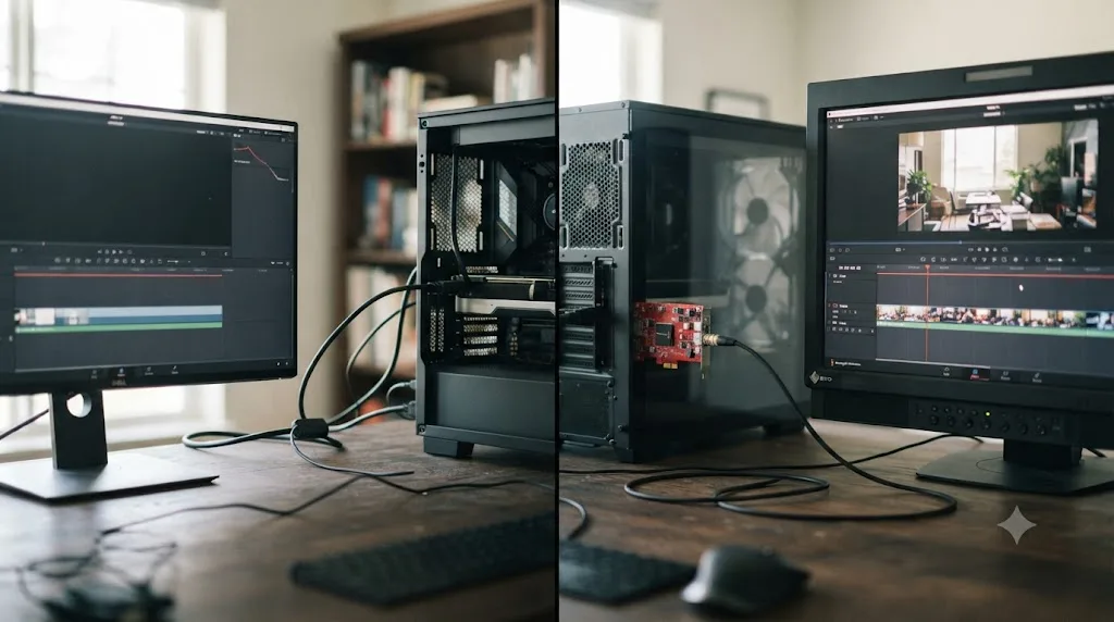 Illustration comparing a plain second computer monitor connected to a graphics card against a broadcast reference monitor connected through a DeckLink card