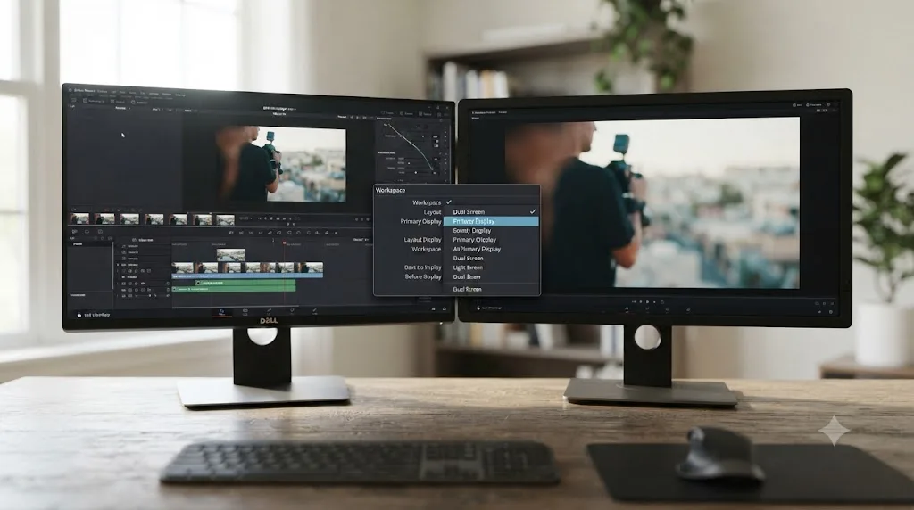 Illustration of DaVinci Resolve's Workspace menu with Dual Screen and Primary Display options highlighted between two monitors