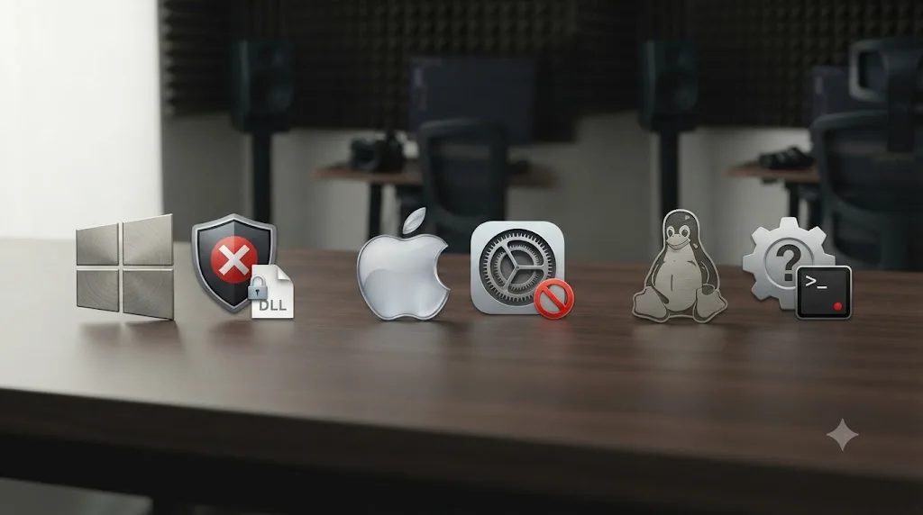 Illustration of Windows, macOS, and Linux logos each paired with a distinct Blackmagic driver troubleshooting icon