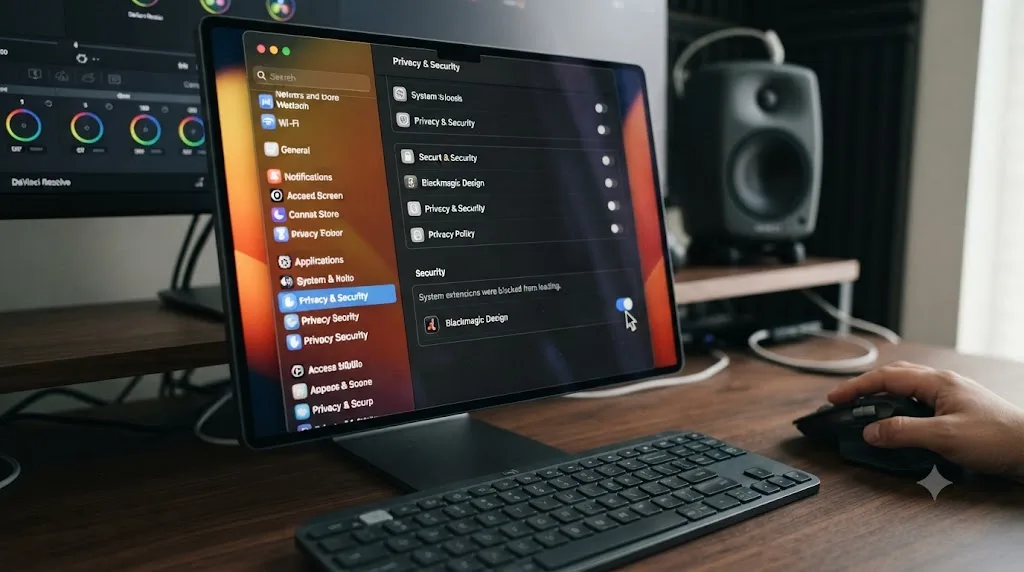 Illustration of macOS Privacy and Security settings with the Blackmagic Design driver extension being enabled