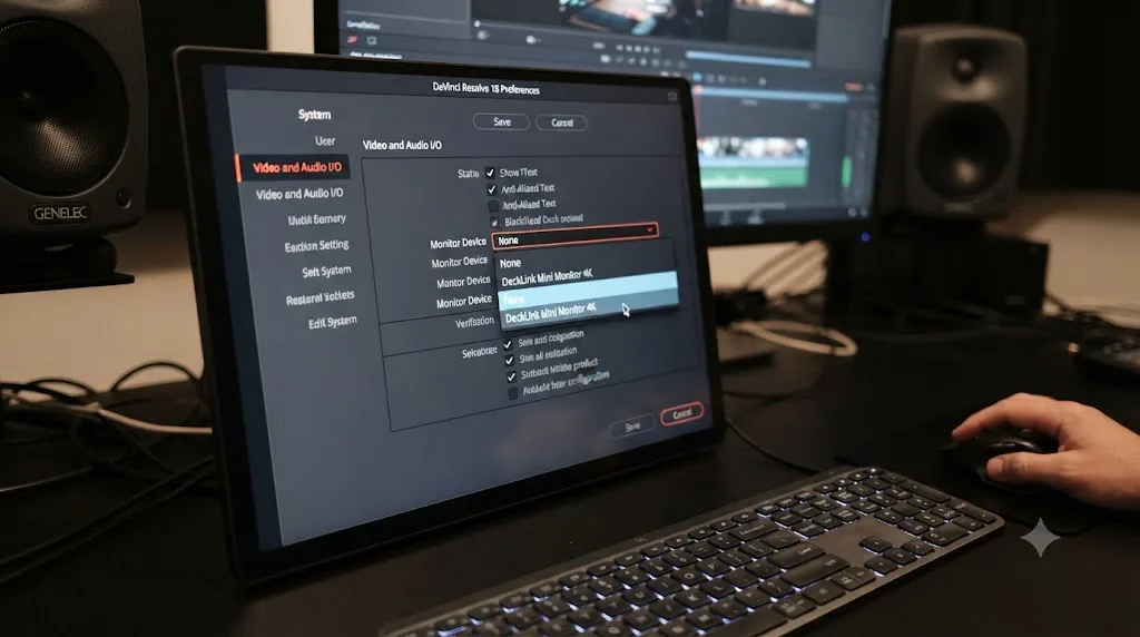 Illustration of DaVinci Resolve's preferences panel with Monitor Device being changed from None to a connected Blackmagic device