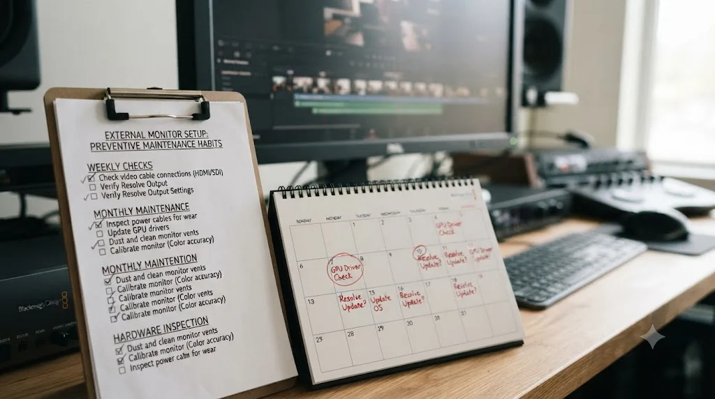 Illustration of a preventive maintenance checklist for a DaVinci Resolve external monitor setup next to a calendar marking driver update checks
