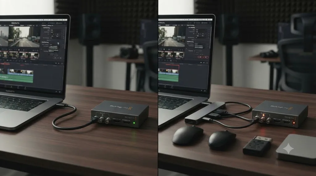 Illustration comparing an UltraStudio device connected directly to a laptop's Thunderbolt port against the same device struggling through an underpowered dock