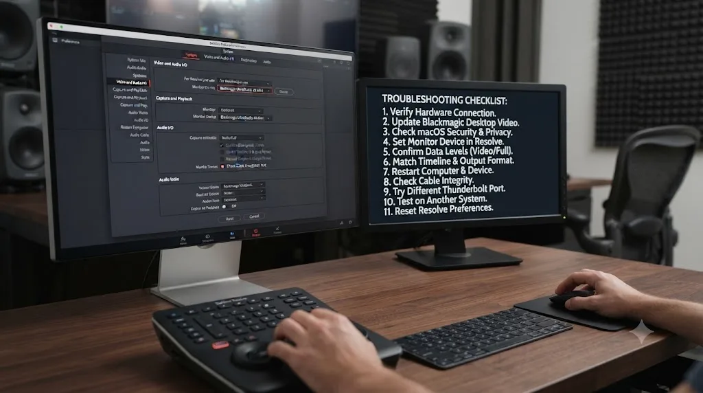 Illustration of an eleven step troubleshooting checklist next to DaVinci Resolve's Video and Audio I/O preferences panel
