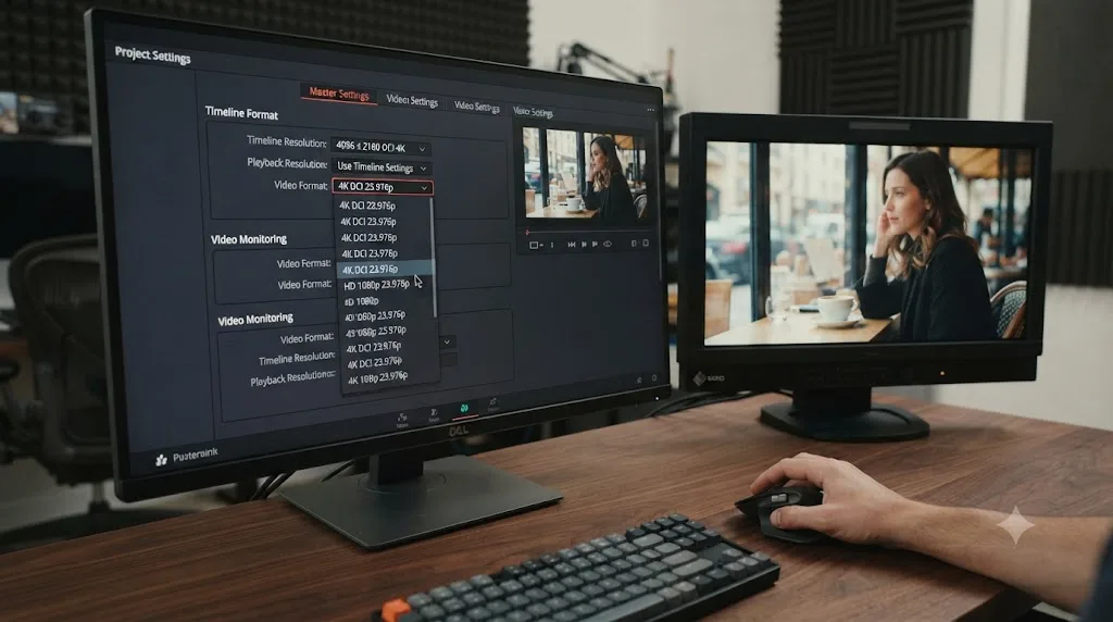 Illustration of DaVinci Resolve's Video Format setting being changed from a 4K timeline value to a matching HD output for a reference monitor