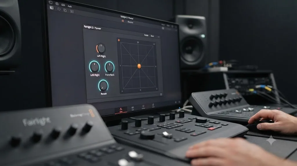 Illustration of the DaVinci Resolve Fairlight 2D pan control with Left/Right, Front/Back, and Rotate knobs