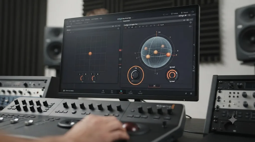 Illustration of the DaVinci Resolve Fairlight 3D Audio Pan window with Tilt and Spread controls for object-based audio