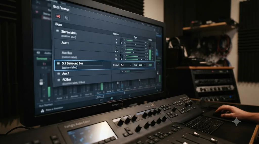 Illustration of the DaVinci Resolve Fairlight Bus Format window with a new bus set to 5.1 surround format
