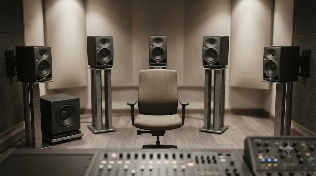 Illustration of the six channels in a 5.1 surround sound layout arranged around a central listening position