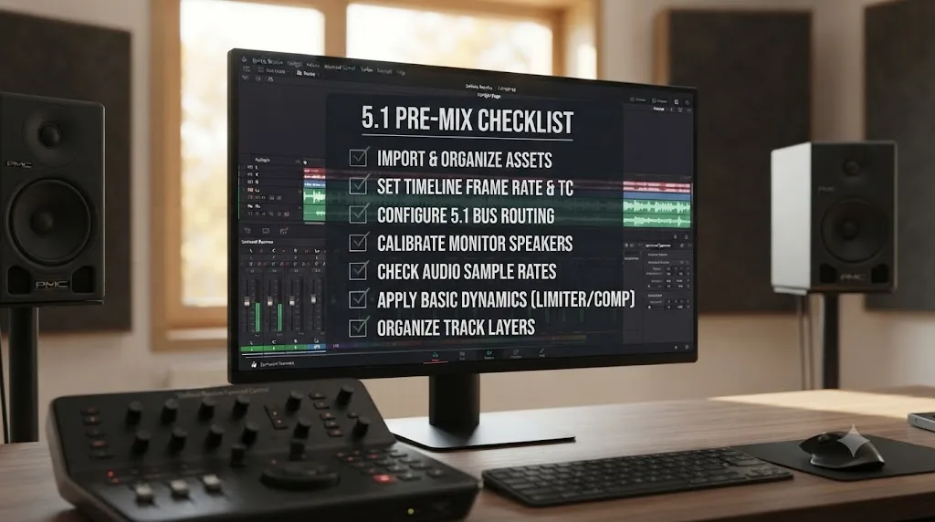 Illustration of a seven step pre-mix checklist overlaid on a DaVinci Resolve Fairlight 5.1 surround setup