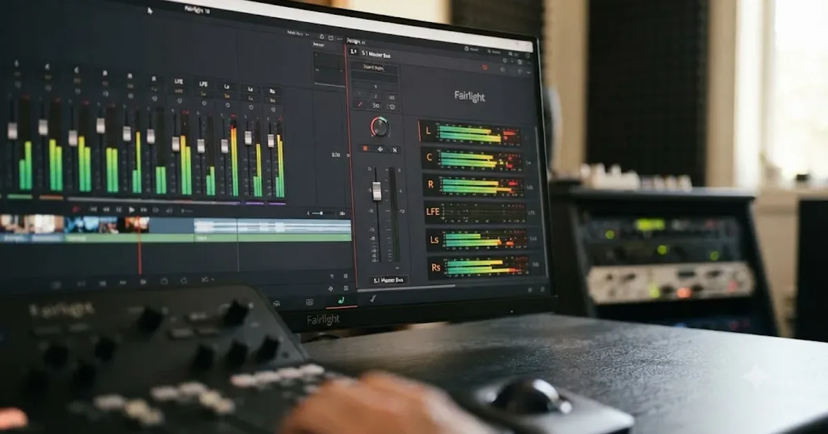 Illustration of a DaVinci Resolve Fairlight mixer routing dialogue, music, and effects buses into six discrete 5.1 surround channels