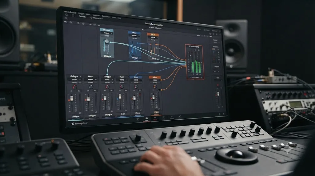 Illustration of a Dialogue, Music, and Effects bus structure routing into a DaVinci Resolve Fairlight 5.1 surround bus